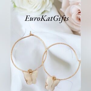 NEW Elegant Gold Butterfly Hoop Earrings White Mother of Pearl Butterfly Charms